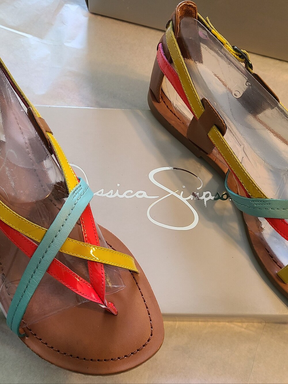 Cute Jessica Simpson Multicolor Patent Strap Brown Sandals